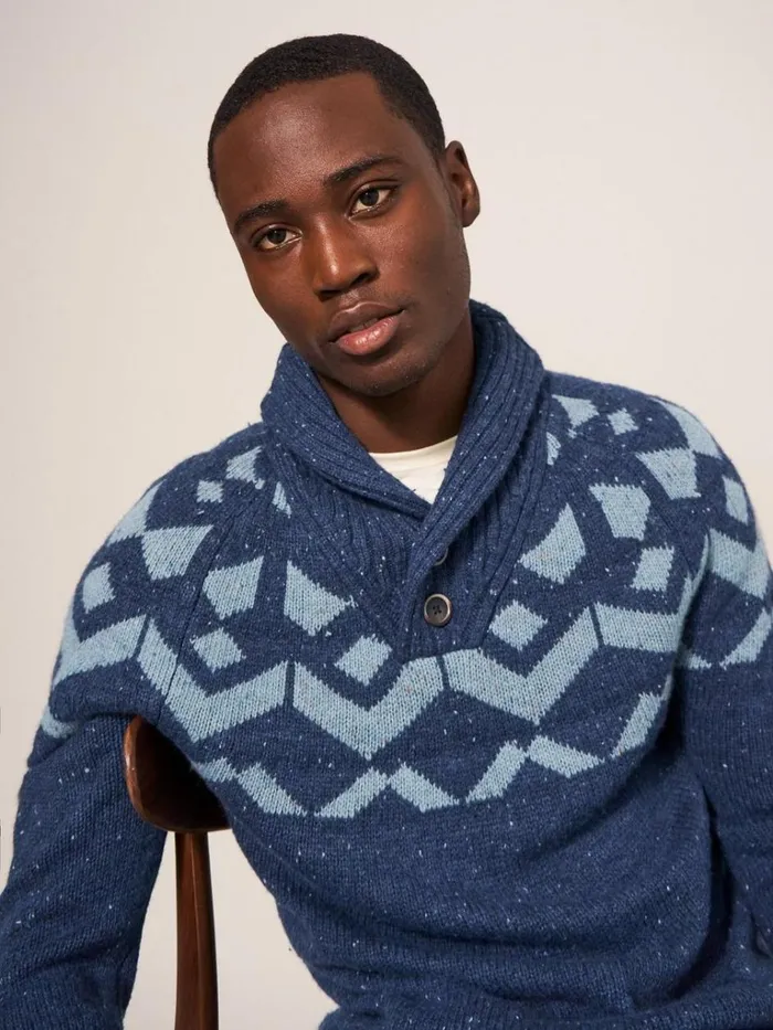 Men KNITWEAR White Stuff Arundel Geo Fairisle Shawl Navy Multi