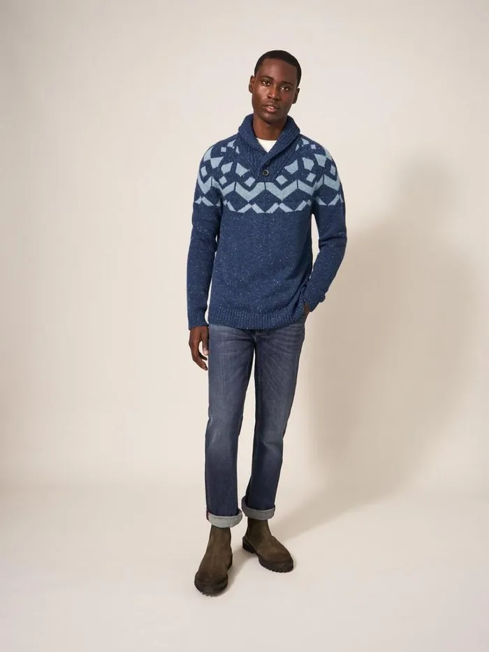 Men KNITWEAR White Stuff Arundel Geo Fairisle Shawl Navy Multi Men KNITWEAR White Stuff Arundel Geo Fairisle Shawl Navy Multi