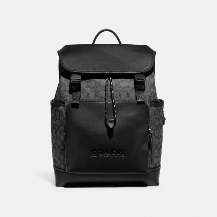 Men League Flap Backpack In Signature Jacquard Charcoalblack Coach Backpacks