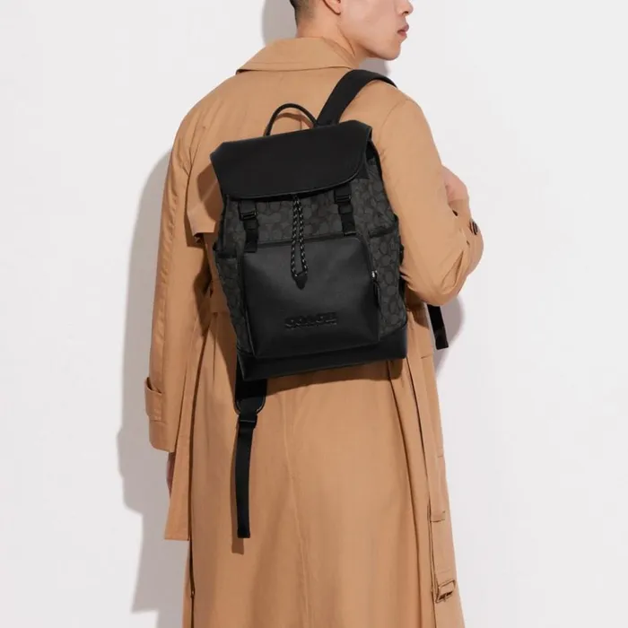 Men League Flap Backpack In Signature Jacquard Charcoalblack Coach Backpacks