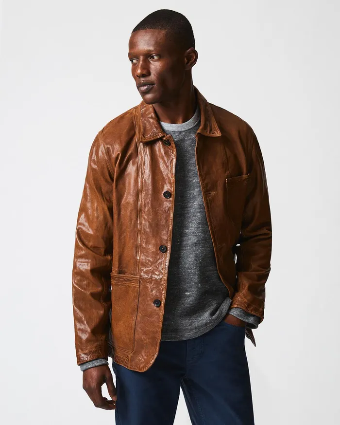 Men Leather Chore Coat Cognac Billy Reid Jackets and Outerwear