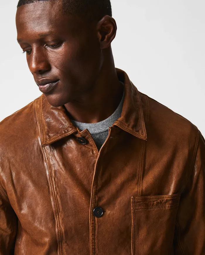 Men Leather Chore Coat Cognac Billy Reid Jackets and Outerwear