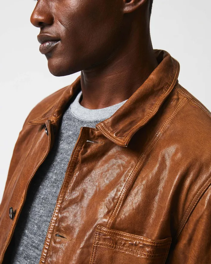 Men Leather Chore Coat Cognac Billy Reid Jackets and Outerwear