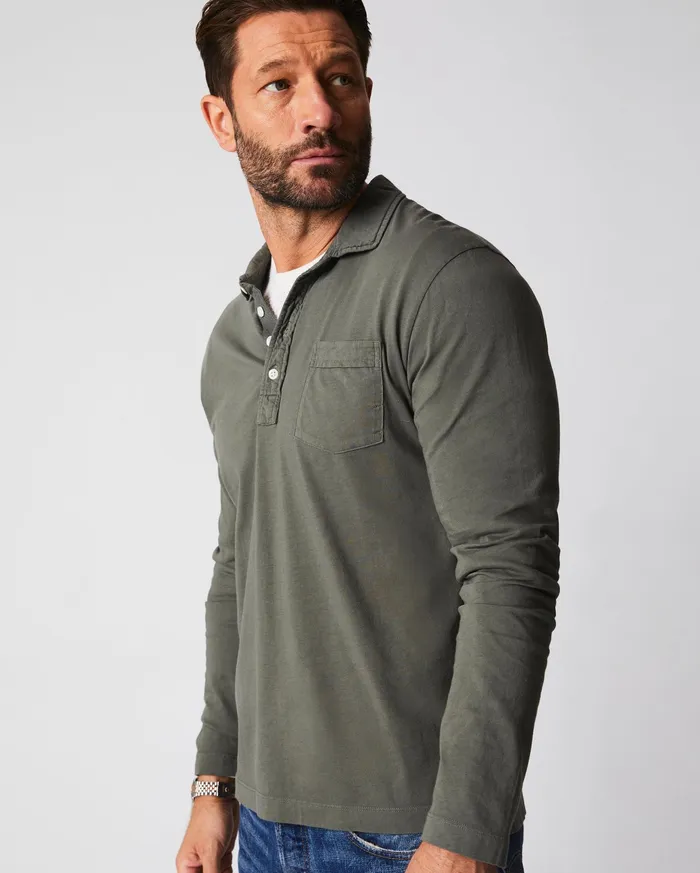 Men Long Sleeve Pensacola Polo Washed Grey Billy Reid Polos Tees and Henleys