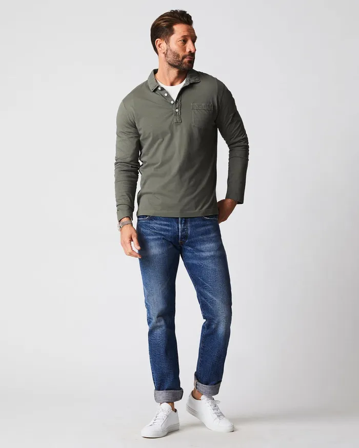 Men Long Sleeve Pensacola Polo Washed Grey Billy Reid Polos Tees and Henleys