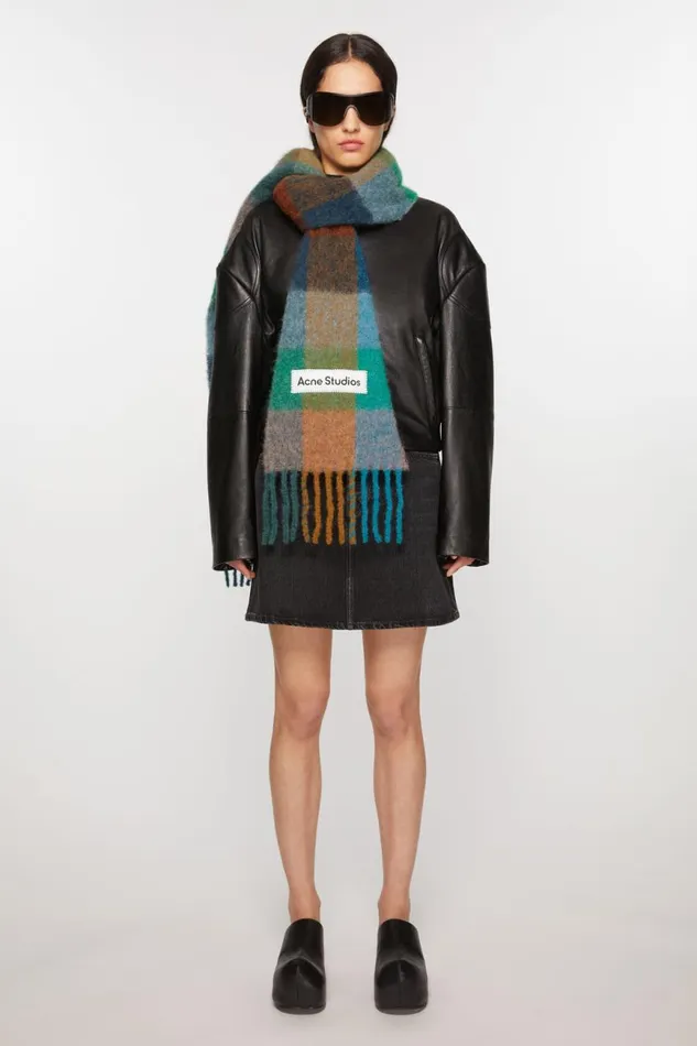 Men Mohair Checked Scarf Turquoisecamelblue Acne Studios Scarves
