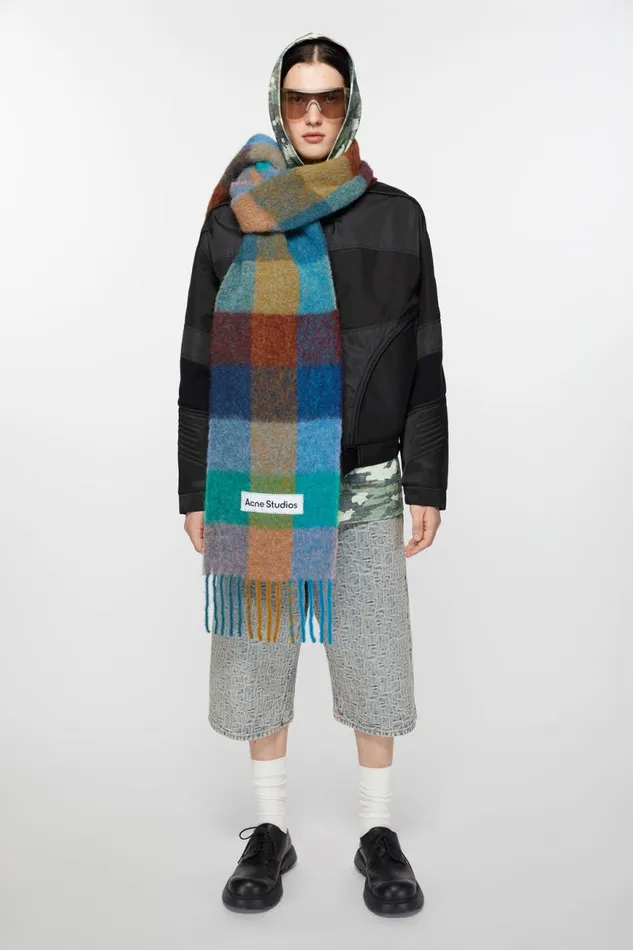 Men Mohair Checked Scarf Turquoisecamelblue Acne Studios Scarves