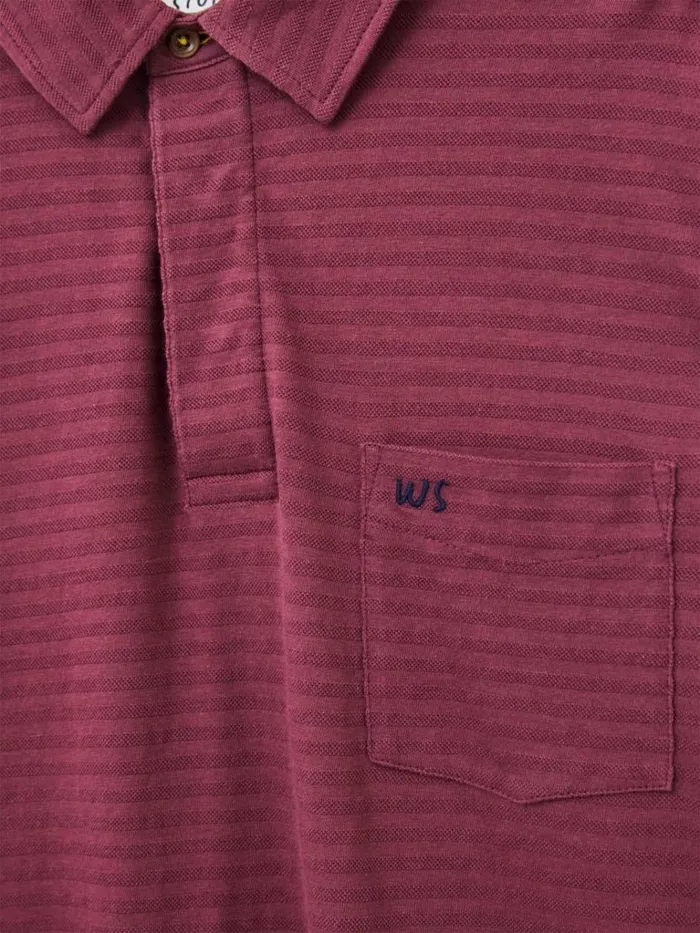 Men POLO SHIRTS White Stuff Pique Texture Stripe LS Polo Dk Red Men POLO SHIRTS White Stuff Pique Texture Stripe LS Polo Dk Red