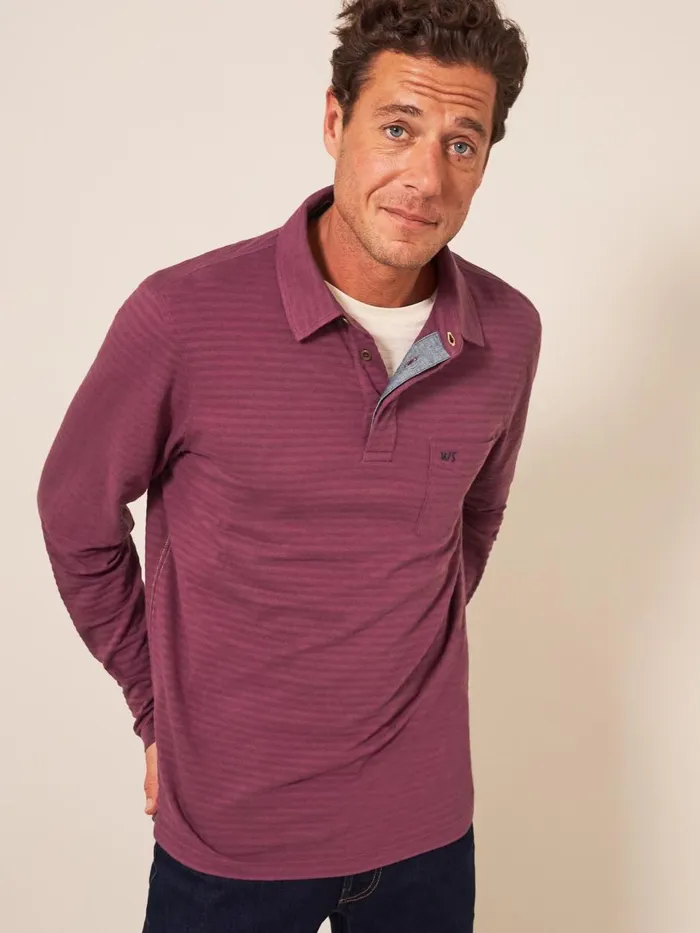 Men POLO SHIRTS White Stuff Pique Texture Stripe LS Polo Dk Red Men POLO SHIRTS White Stuff Pique Texture Stripe LS Polo Dk Red