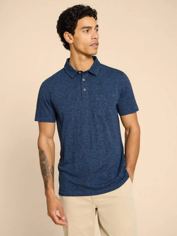 Men POLO SHIRTS White Stuff Waves Printed Polo Navy Print