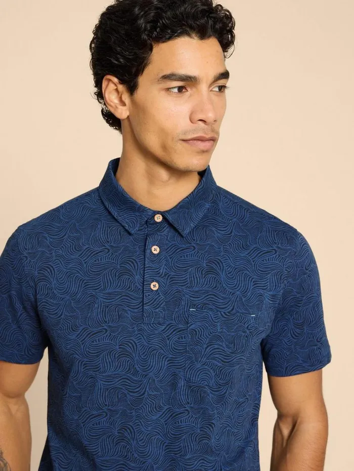 Men POLO SHIRTS White Stuff Waves Printed Polo Navy Print Men POLO SHIRTS White Stuff Waves Printed Polo Navy Print
