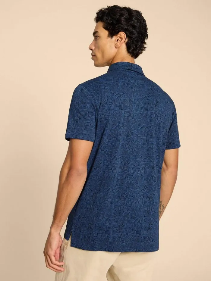 Men POLO SHIRTS White Stuff Waves Printed Polo Navy Print Men POLO SHIRTS White Stuff Waves Printed Polo Navy Print