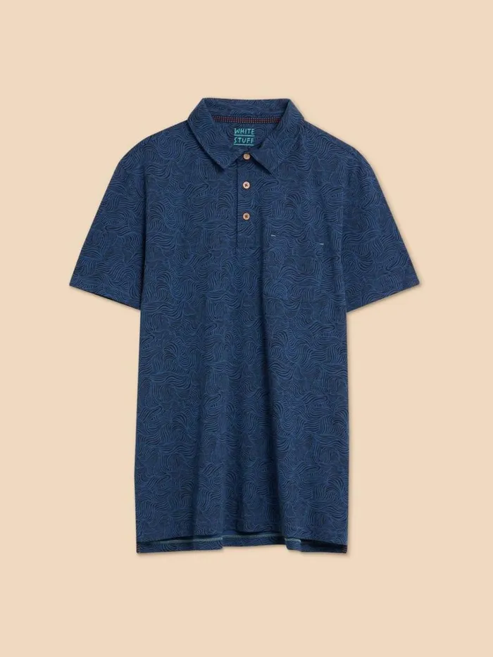 Men POLO SHIRTS White Stuff Waves Printed Polo Navy Print Men POLO SHIRTS White Stuff Waves Printed Polo Navy Print