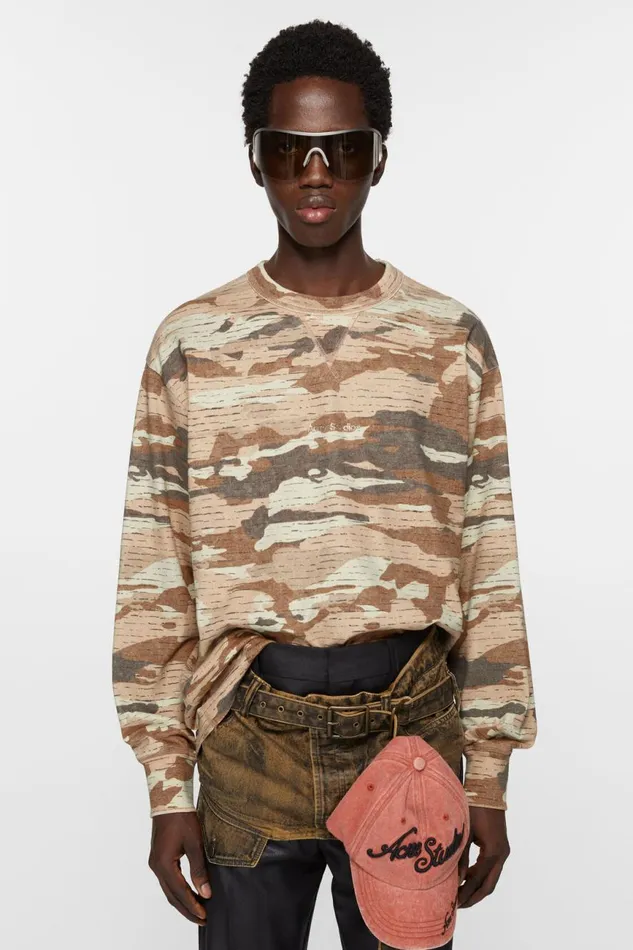 Men Print Logo Crew Neck Cacao Brown Acne Studios Sweatshirts