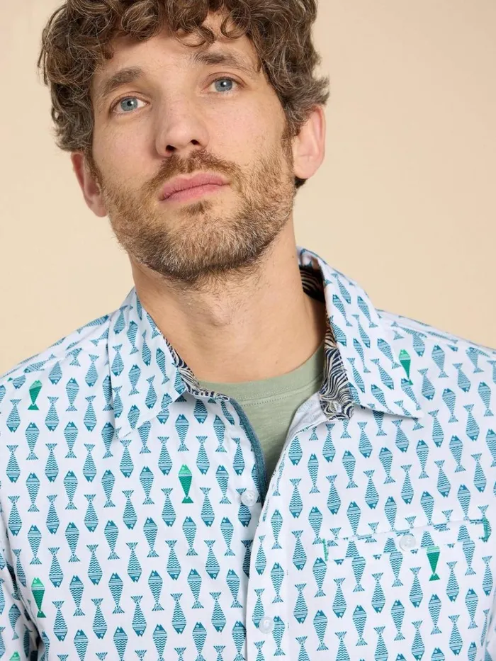 Men SHIRTS White Stuff Geo Fish Printed SS Shirt White Print Men SHIRTS White Stuff Geo Fish Printed SS Shirt White Print