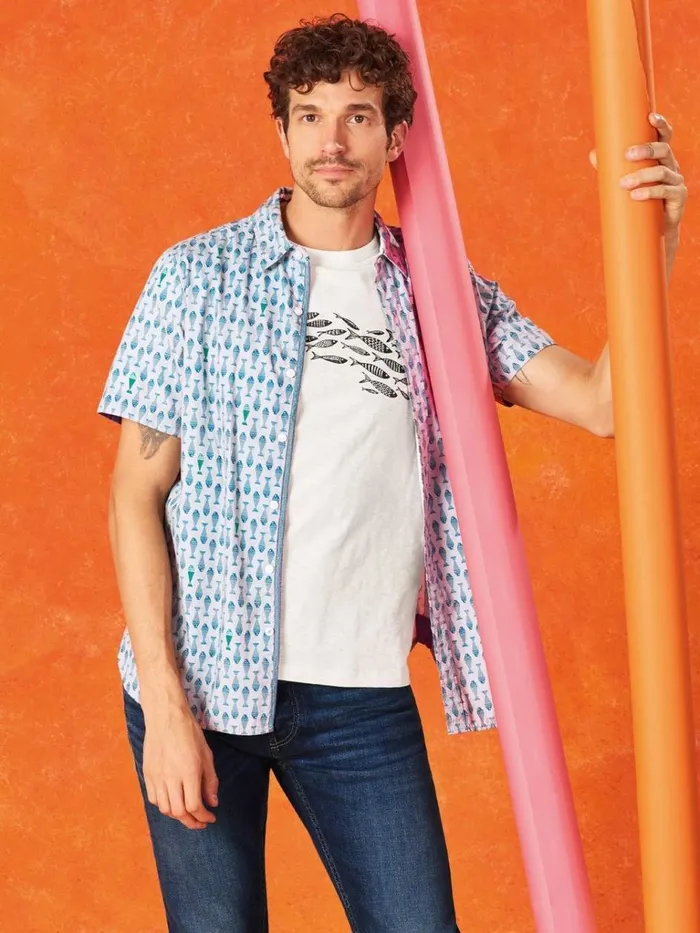 Men SHIRTS White Stuff Geo Fish Printed SS Shirt White Print Men SHIRTS White Stuff Geo Fish Printed SS Shirt White Print