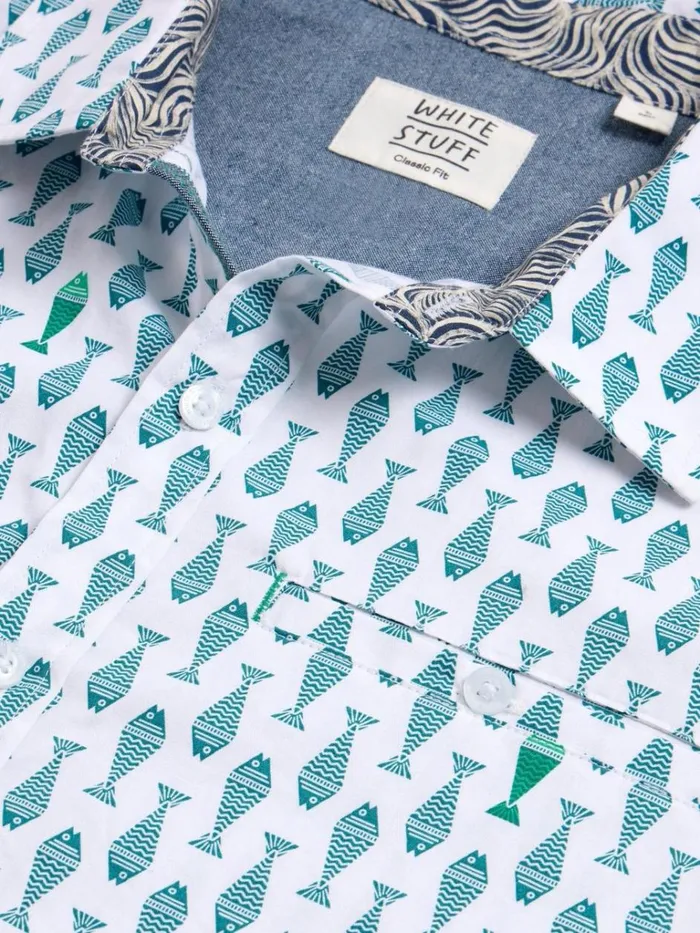 Men SHIRTS White Stuff Geo Fish Printed SS Shirt White Print Men SHIRTS White Stuff Geo Fish Printed SS Shirt White Print