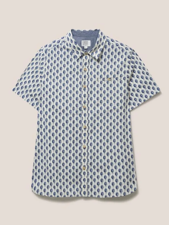 Men SHIRTS White Stuff Linear Fish Printed SS Shirt White Multi Men SHIRTS White Stuff Linear Fish Printed SS Shirt White Multi
