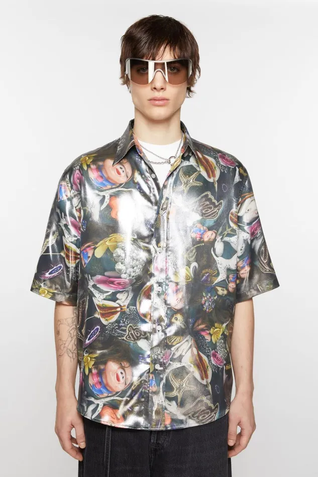 Men Short Sleeve Shirt Black Multicolor Acne Studios Shirts