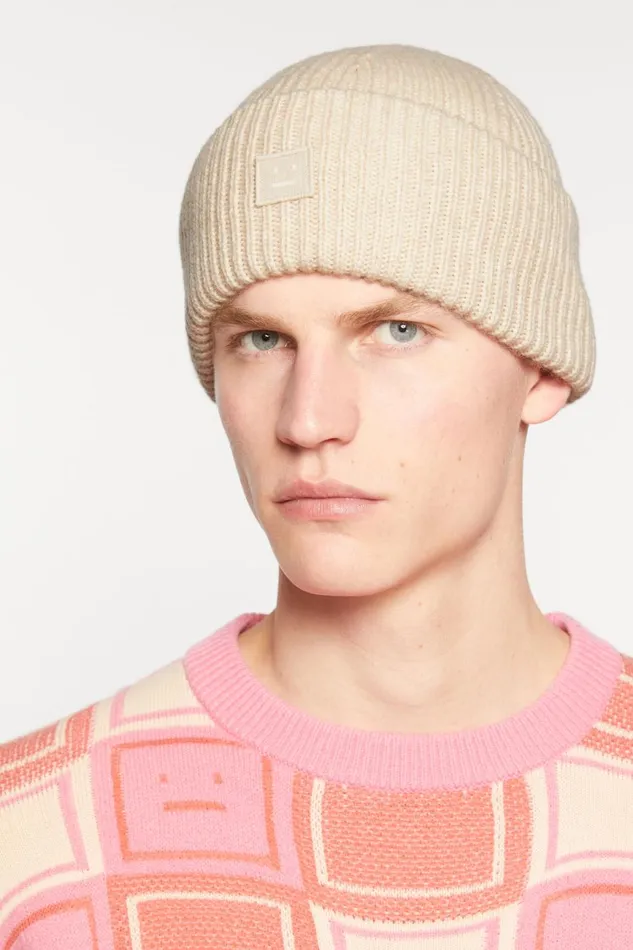 Men Small Face Logo Beanie Oatmeal Melange Acne Studios Face Collection