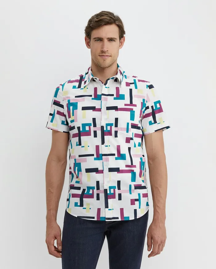Men Sportscraft Shirts Barnes Short Sleeve Shirt Whitemulti