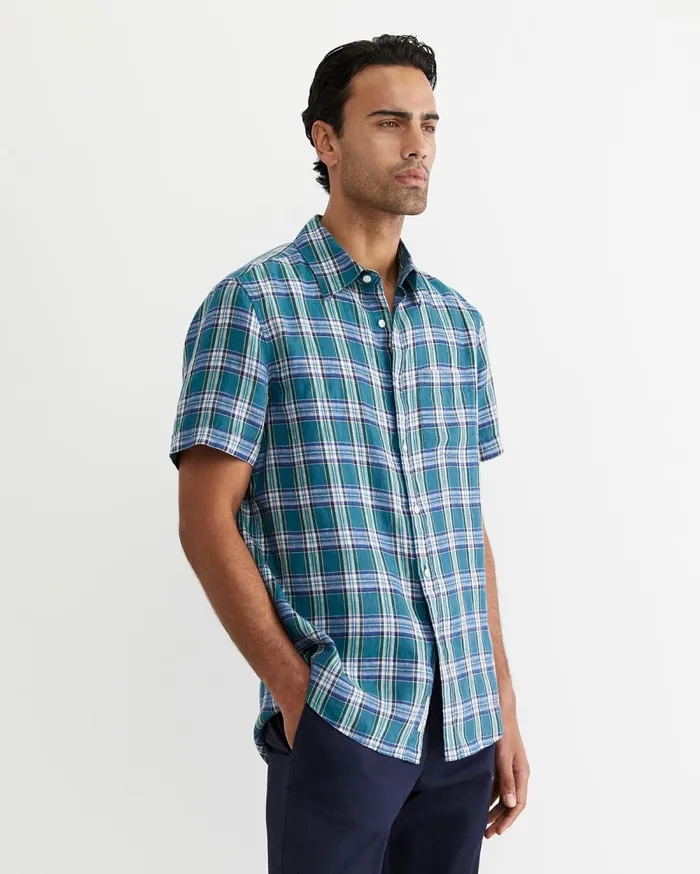 Men Sportscraft Shirts Johnston Short Sleeve Linen Check Shirt Multi