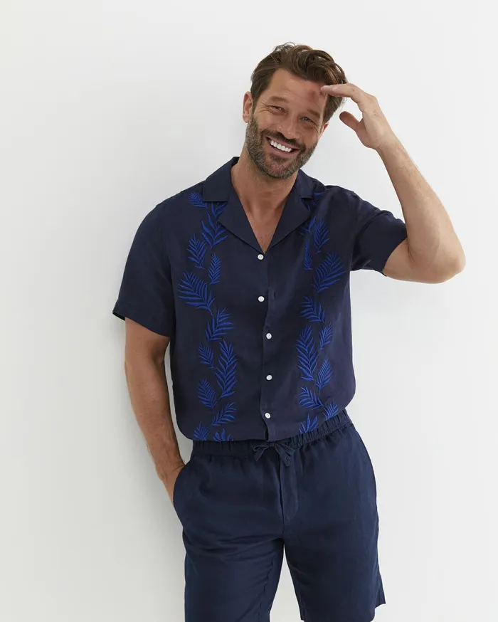 Men Sportscraft Shirts Toohey Short Sleeve Linen Shirt Navy