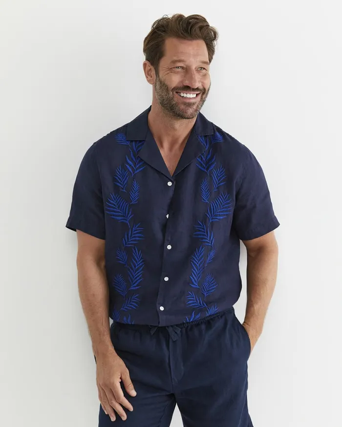 Men Sportscraft Shirts Toohey Short Sleeve Linen Shirt Navy
