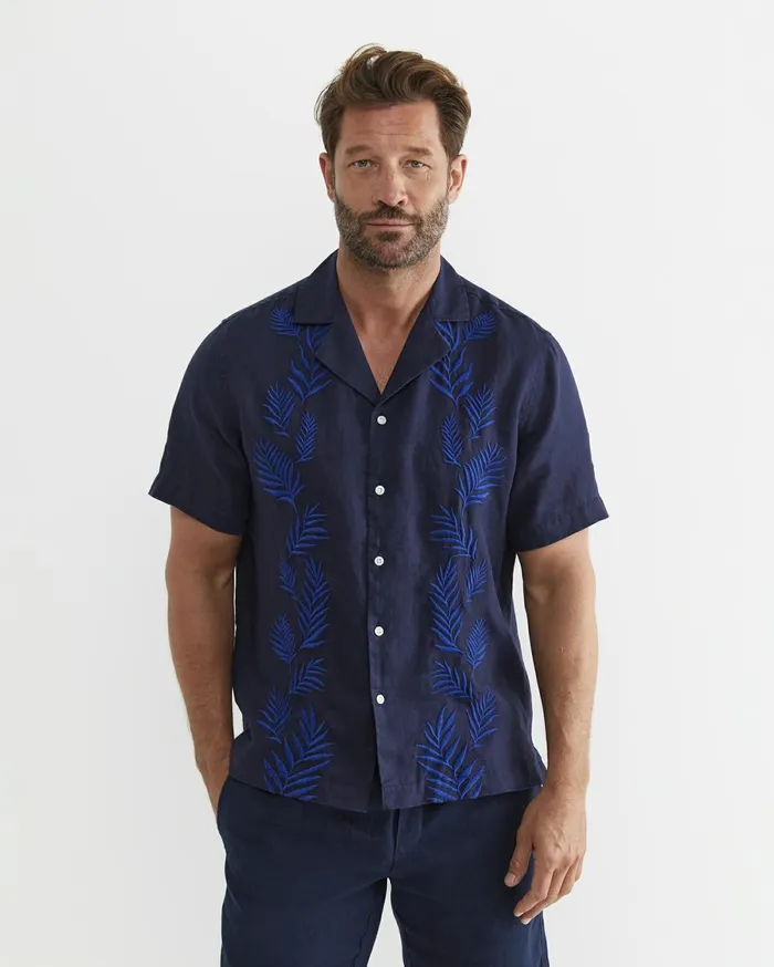 Men Sportscraft Shirts Toohey Short Sleeve Linen Shirt Navy