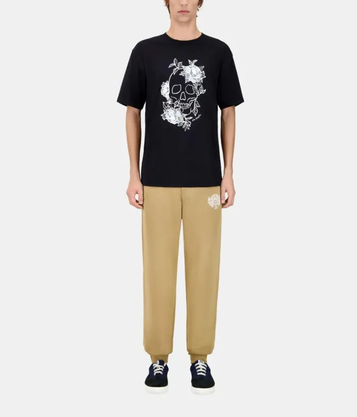 Men Tshirts THE KOOPLES Black Tshirt With Flower Skull Serigraphy