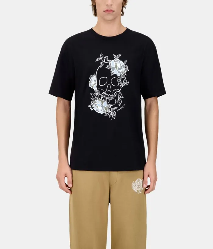 Men Tshirts THE KOOPLES Black Tshirt With Flower Skull Serigraphy Men Tshirts THE KOOPLES Black Tshirt With Flower Skull Serigraphy