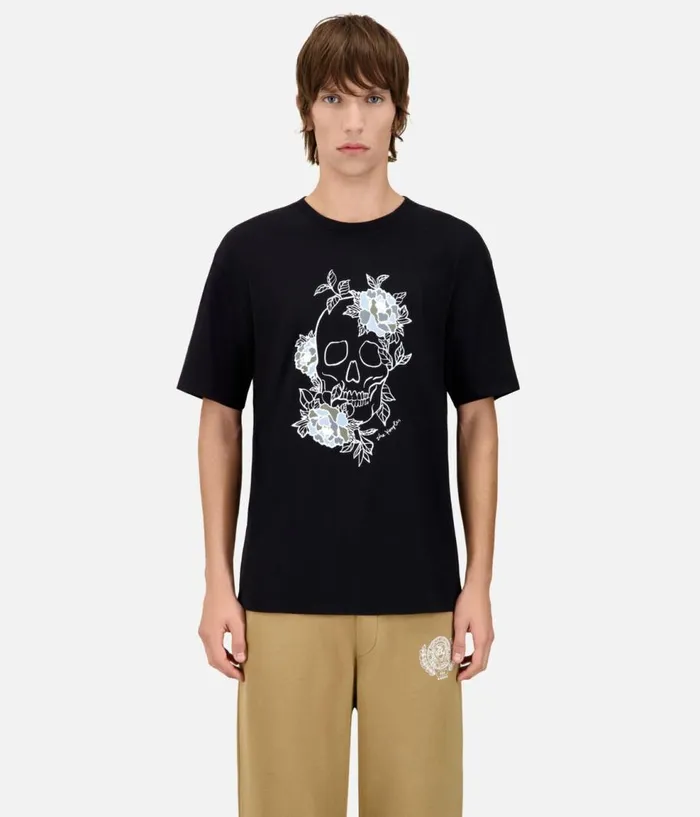 Men Tshirts THE KOOPLES Black Tshirt With Flower Skull Serigraphy Men Tshirts THE KOOPLES Black Tshirt With Flower Skull Serigraphy