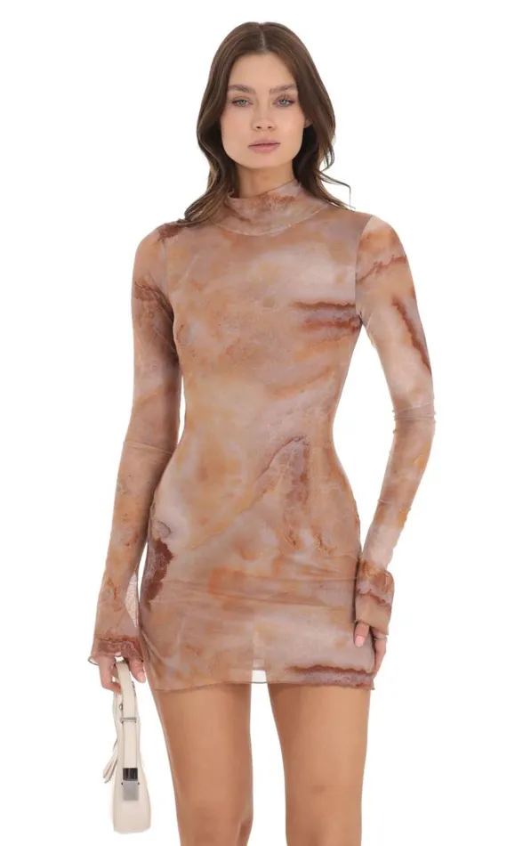 Mesh Mock Neck Swirl Dress Brown Women LUCY IN THE SKY Mini Dresses