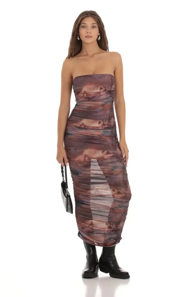 Mesh Print Dress Purple Blush Women LUCY IN THE SKY Maxi Dresses