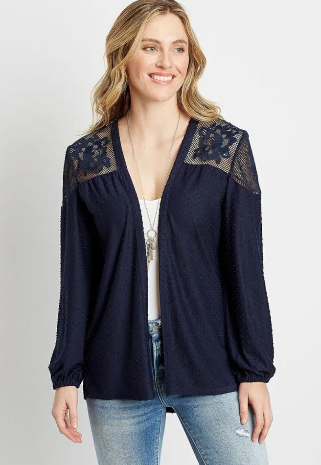 Navy Lace Yoke Swiss Dot Open Front Cardigan Women Maurices Tops