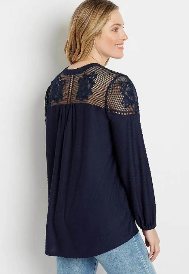 Navy Lace Yoke Swiss Dot Open Front Cardigan Women Maurices Tops