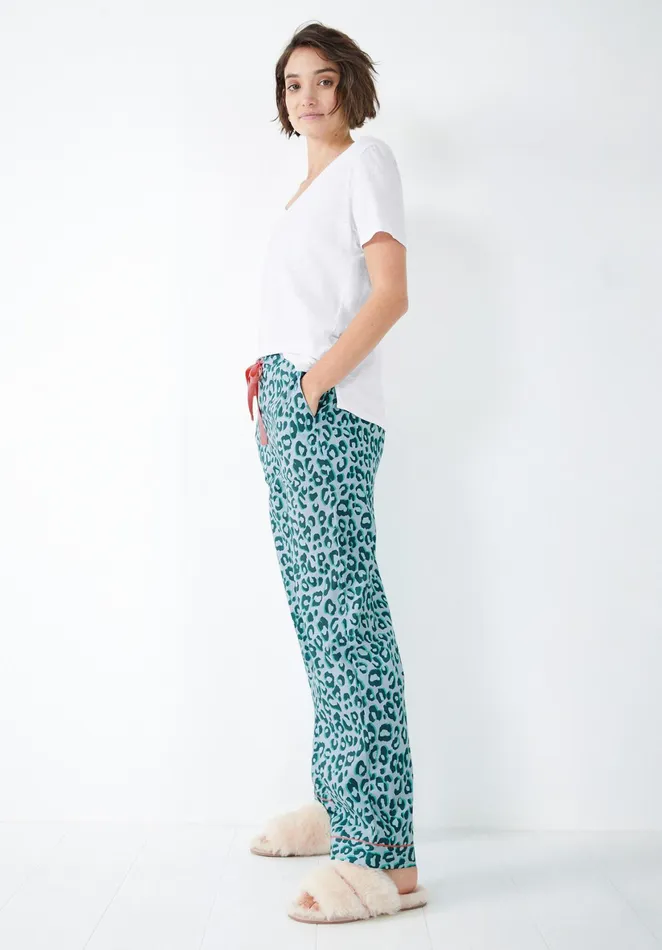 Nightwear Women Hush Isla Cotton Pyjama Trousers Leopard Shadow Bluegreen