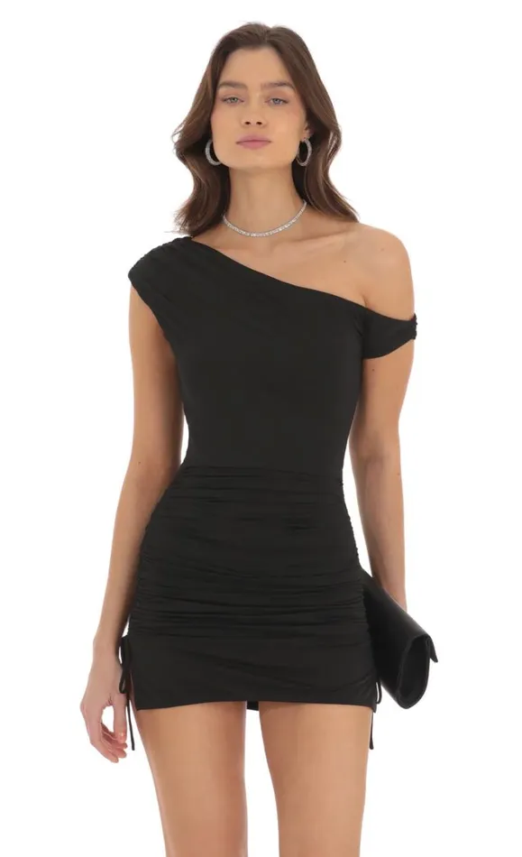 Off Shoulder Ruched Bodycon Dress Black Women LUCY IN THE SKY Mini Dresses