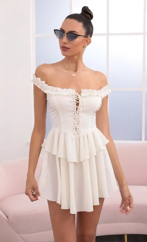 Off The Shoulder Lace Up Dress Ivory Women LUCY IN THE SKY Mini Dresses