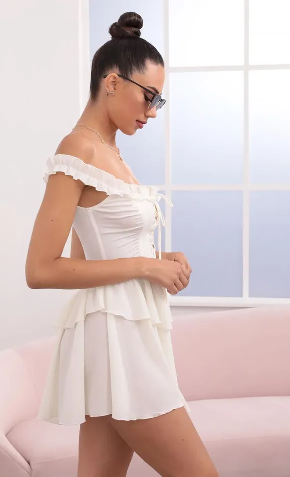 Off The Shoulder Lace Up Dress Ivory Women LUCY IN THE SKY Mini Dresses Off The Shoulder Lace Up Dress Ivory Women LUCY IN THE SKY Mini Dresses