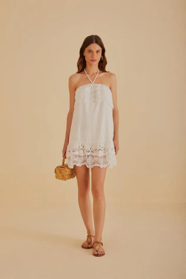 OffWhite Embroidered Guipure Euroflax Premium Linen Mini Dress Women FARM Rio Mini Dresses