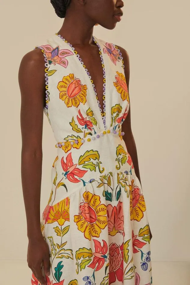 OffWhite Floral Insects Euroflax Premium Linen Maxi Dress Women FARM Rio Maxi Dresses