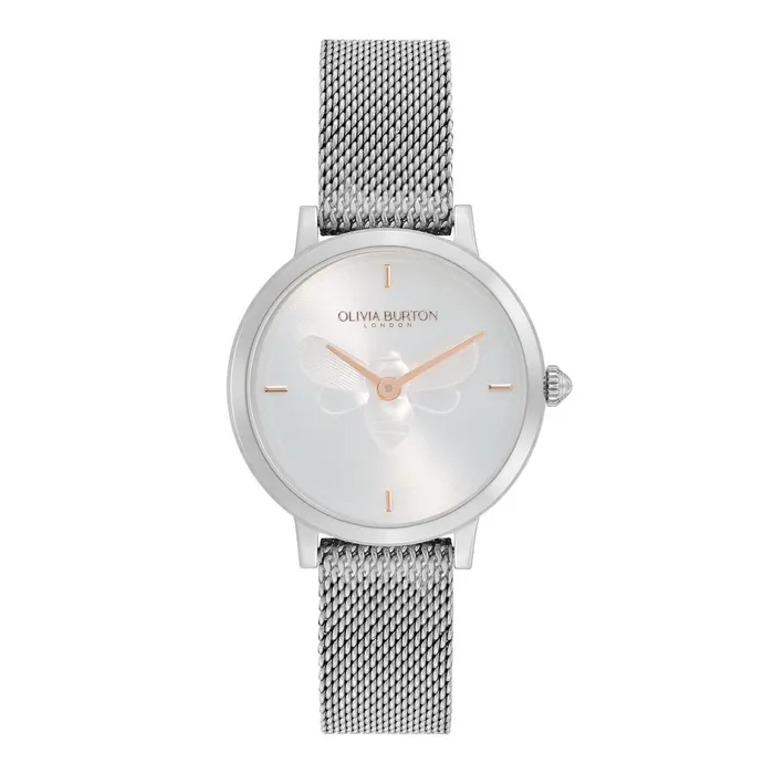 Olivia Burton Bee Watches Women 28mm Bee Ultra Slim Metallic White and Silver Mesh Watch