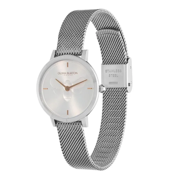 Olivia Burton Bee Watches Women 28mm Bee Ultra Slim Metallic White and Silver Mesh Watch