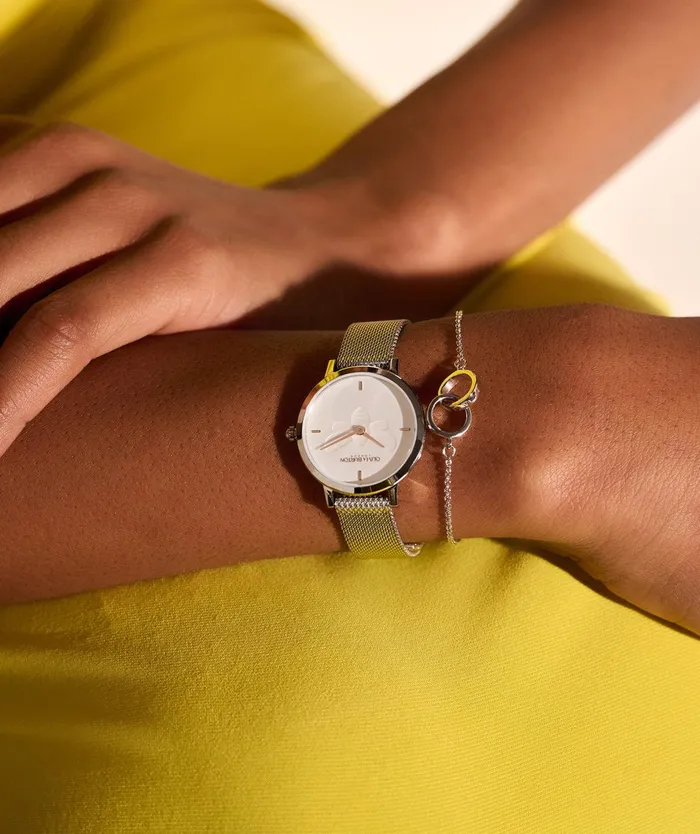 Olivia Burton Bee Watches Women 28mm Bee Ultra Slim Metallic White and Silver Mesh Watch
