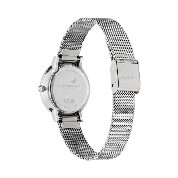 Olivia Burton Bee Watches Women 28mm Bee Ultra Slim Metallic White and Silver Mesh Watch