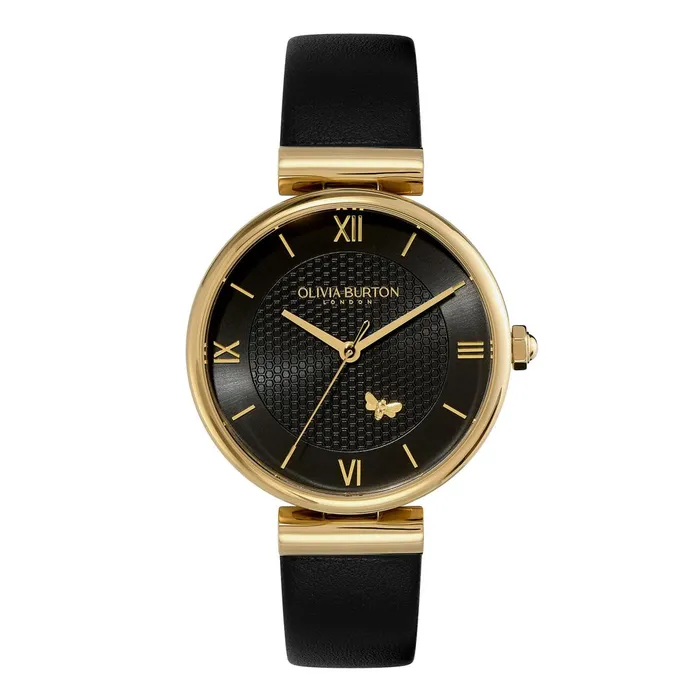 Olivia Burton Bee Watches Women 36mm Minima Bee TBar Gold and Black Leather Strap Watch