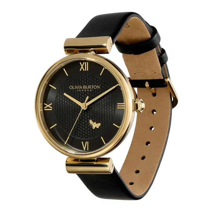 Olivia Burton Bee Watches Women 36mm Minima Bee TBar Gold and Black Leather Strap Watch