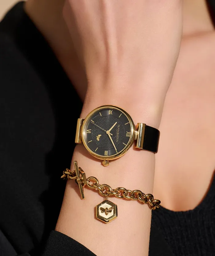 Olivia Burton Bee Watches Women 36mm Minima Bee TBar Gold and Black Leather Strap Watch
