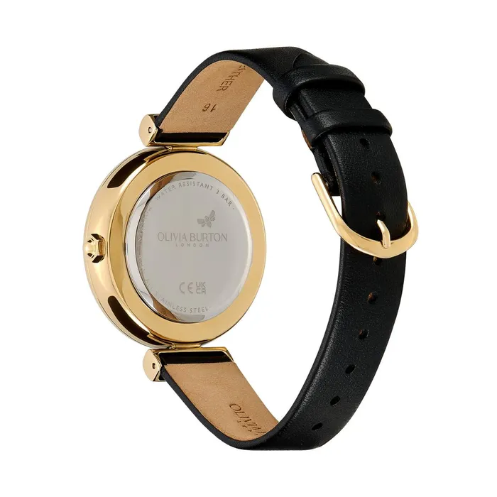 Olivia Burton Bee Watches Women 36mm Minima Bee TBar Gold and Black Leather Strap Watch